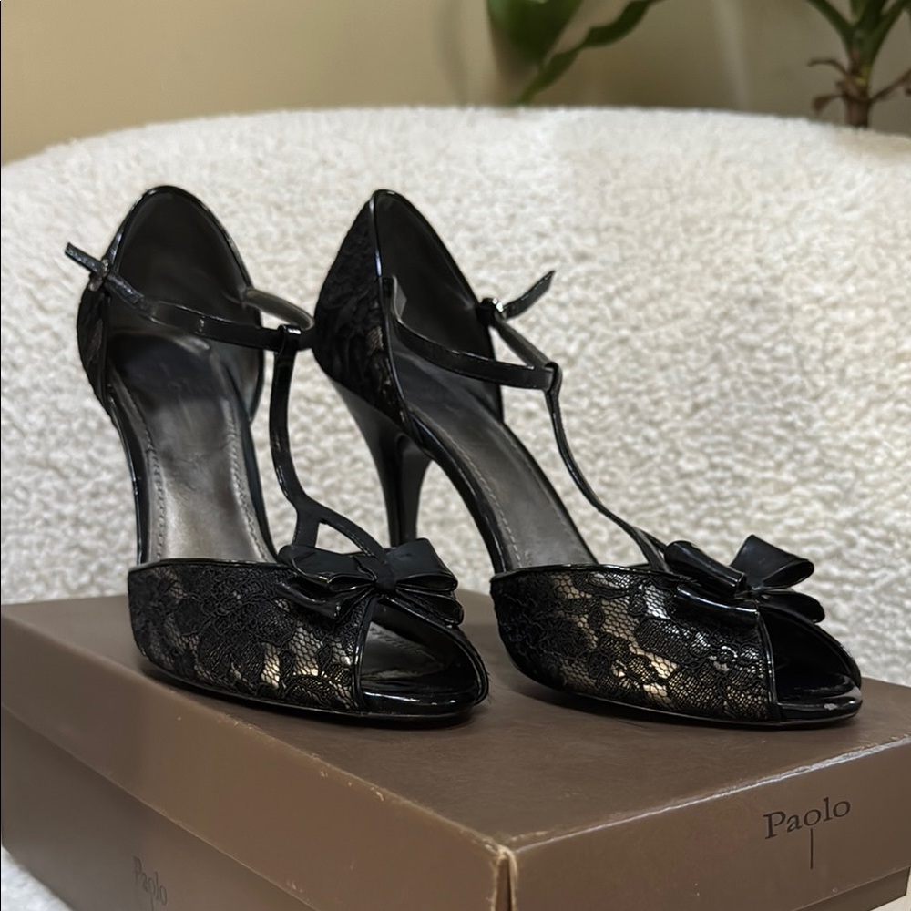Paolo Black Lace Peep Toe Heels